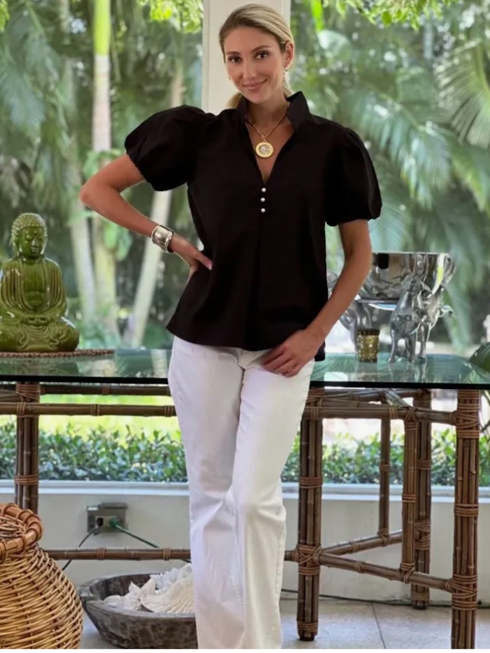 Just Darviny Virginia Puff-Sleeve Top — Black
